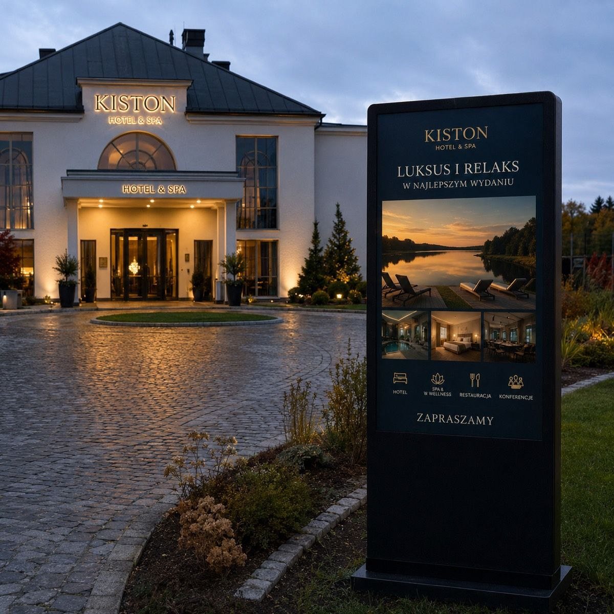 Kiston Hotel & SPA - totem zewnętrzny przy wejściu, praca całoroczna